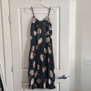A New Day floral pleated midi dress, dark green & pink, XS